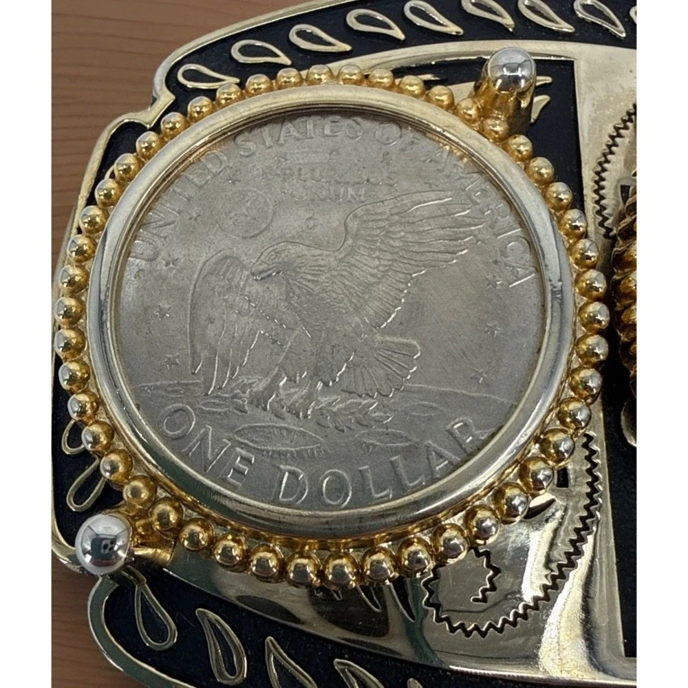 1971 Double Eisenhower Dollar Western Belt Buckle Black And Gold Design 4.5x3